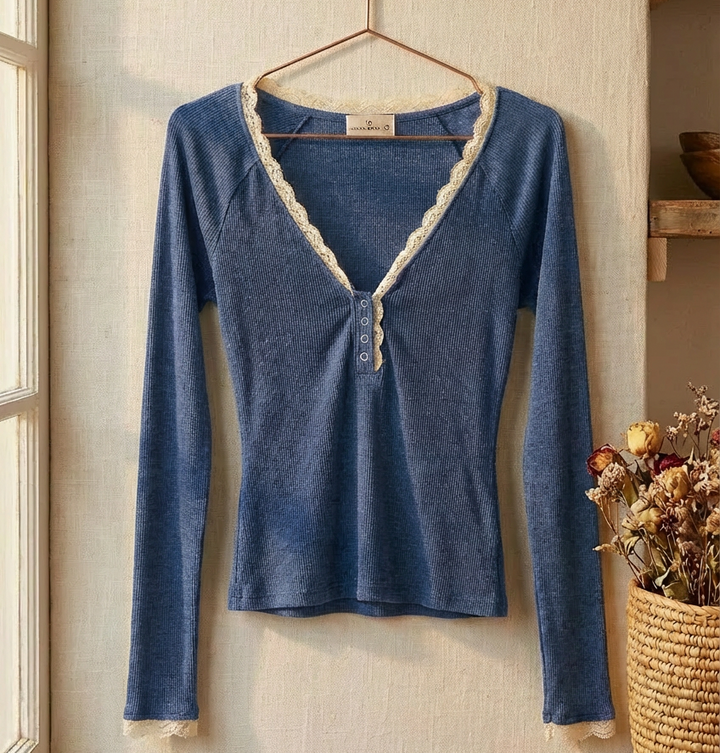 Blue w/ Lace Trim Slub Knit Henley Top