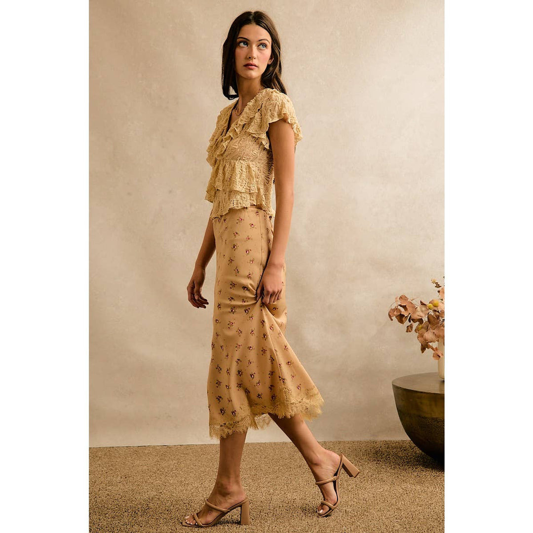 Satin Floral & Lace Trim Midi Skirt
