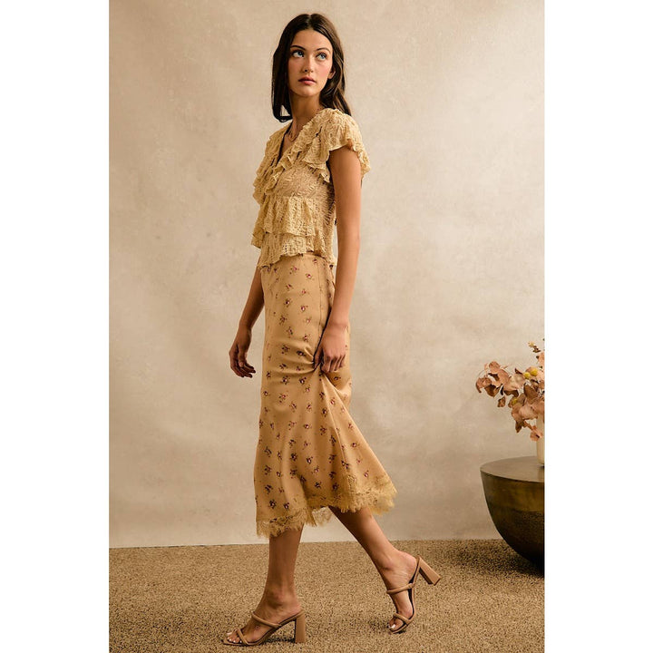 Satin Floral & Lace Trim Midi Skirt