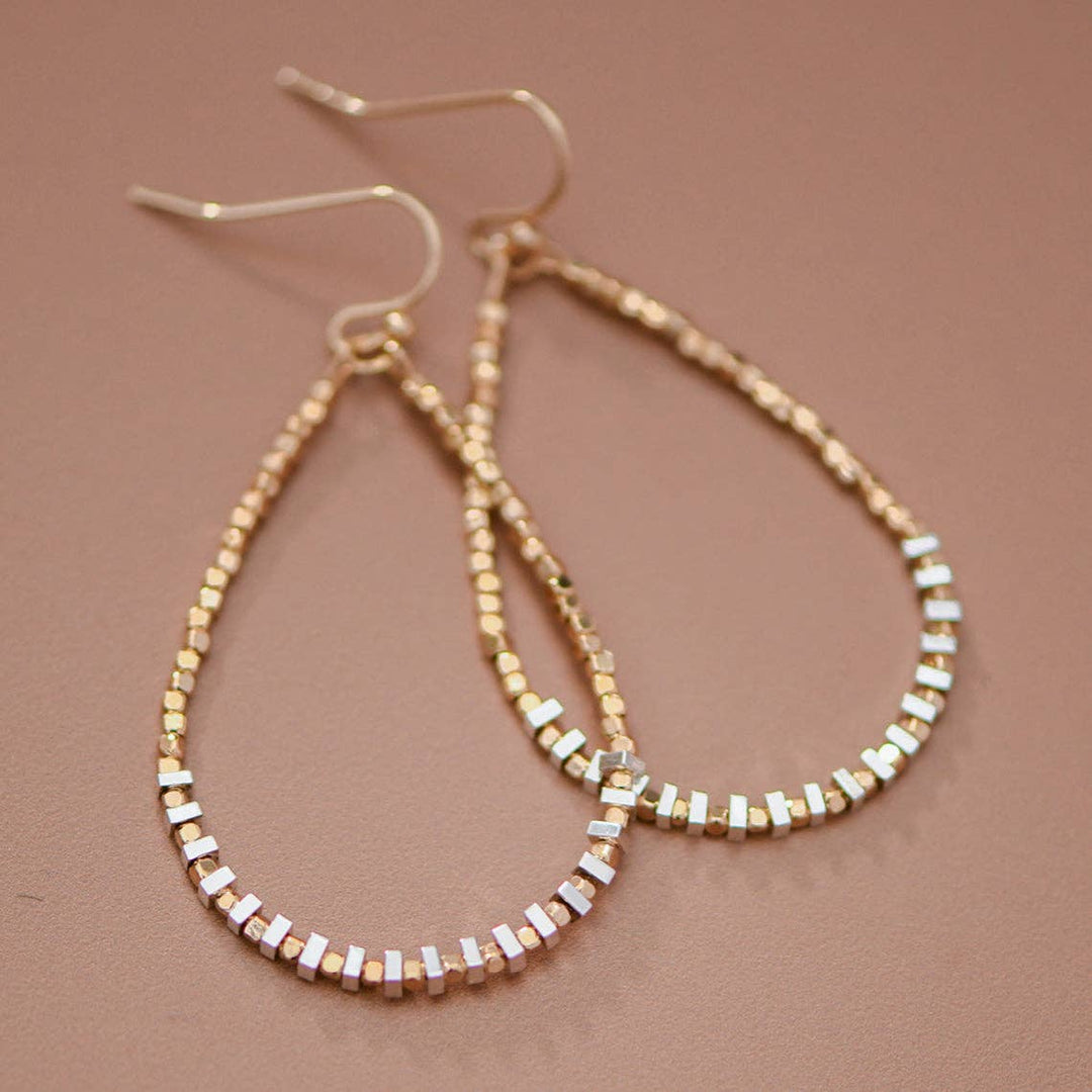 Teardrop Wire Beaded Earrings with Silver Hematite