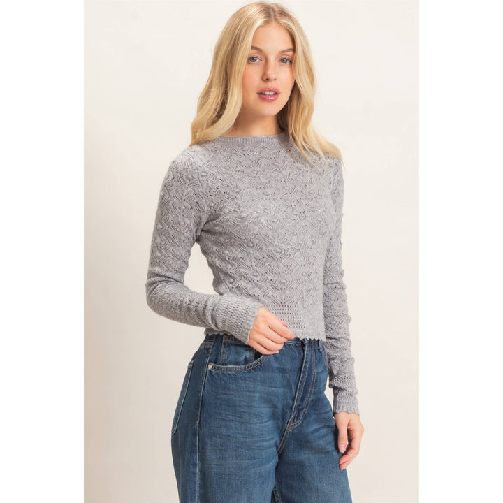 Heather Gray Crochet Scalloped Hem Sweater