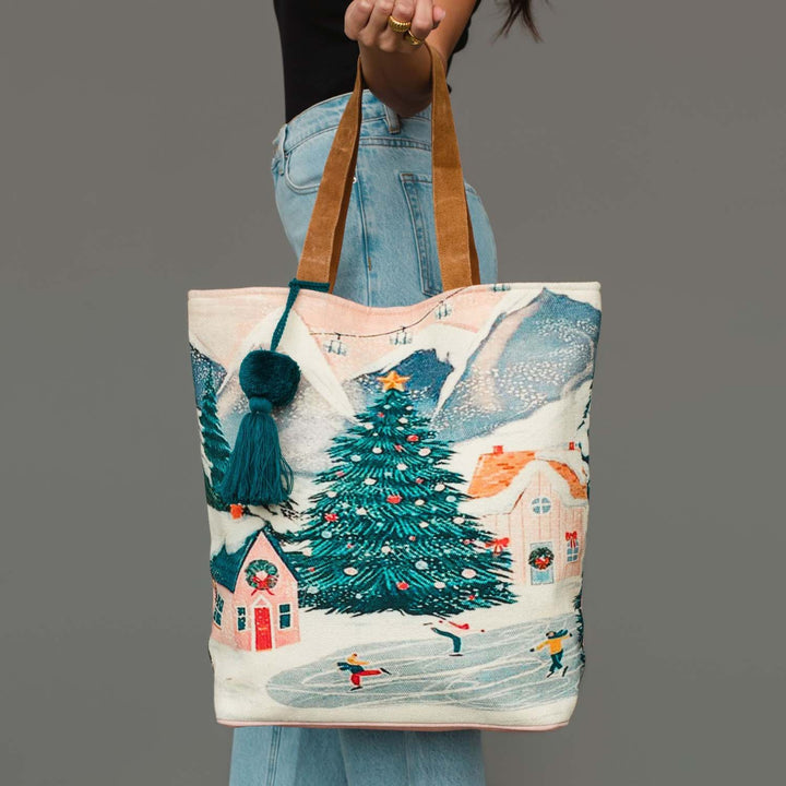 Christmas Village in the Mountains Scene Tote
