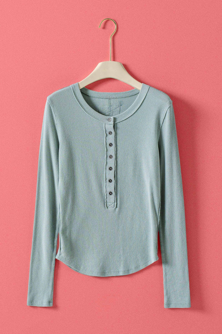 Ribbed Henley Long Sleeve Top - 3 colors