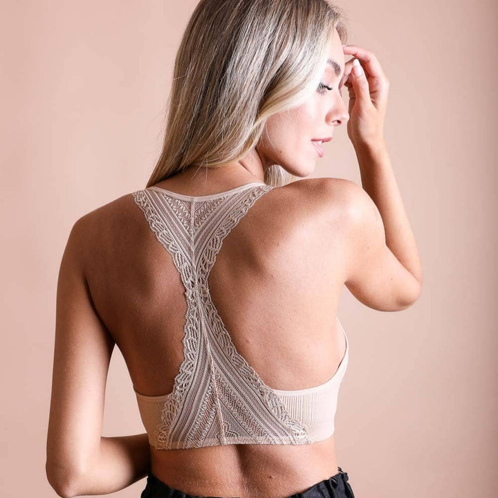 Seamless Front Lace Racerback Bralette: Beige
