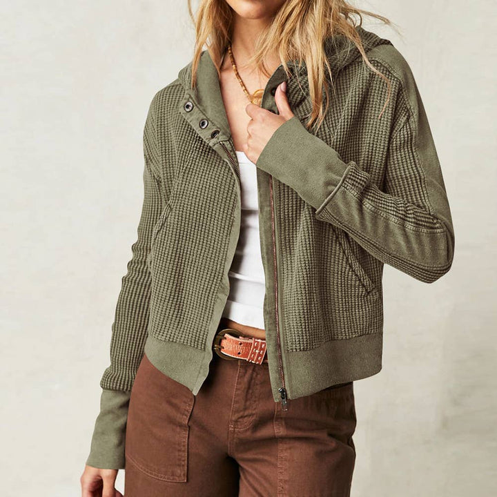 Olive Button/Zip Cropped Waffle Sweatshirt