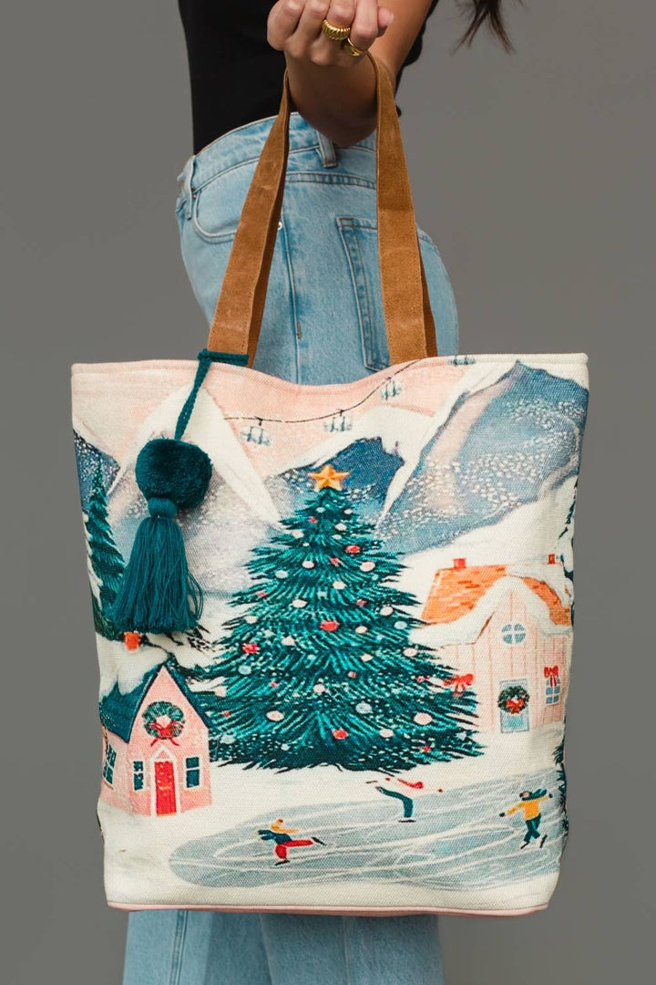 Christmas Village in the Mountains Scene Tote