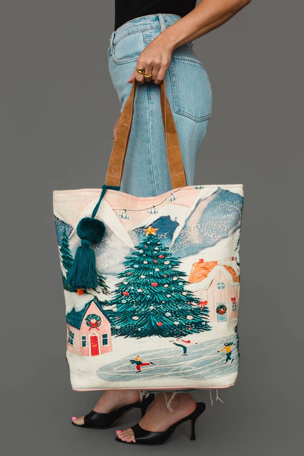 Christmas Village in the Mountains Scene Tote