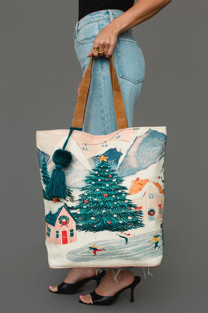 Christmas Village in the Mountains Scene Tote