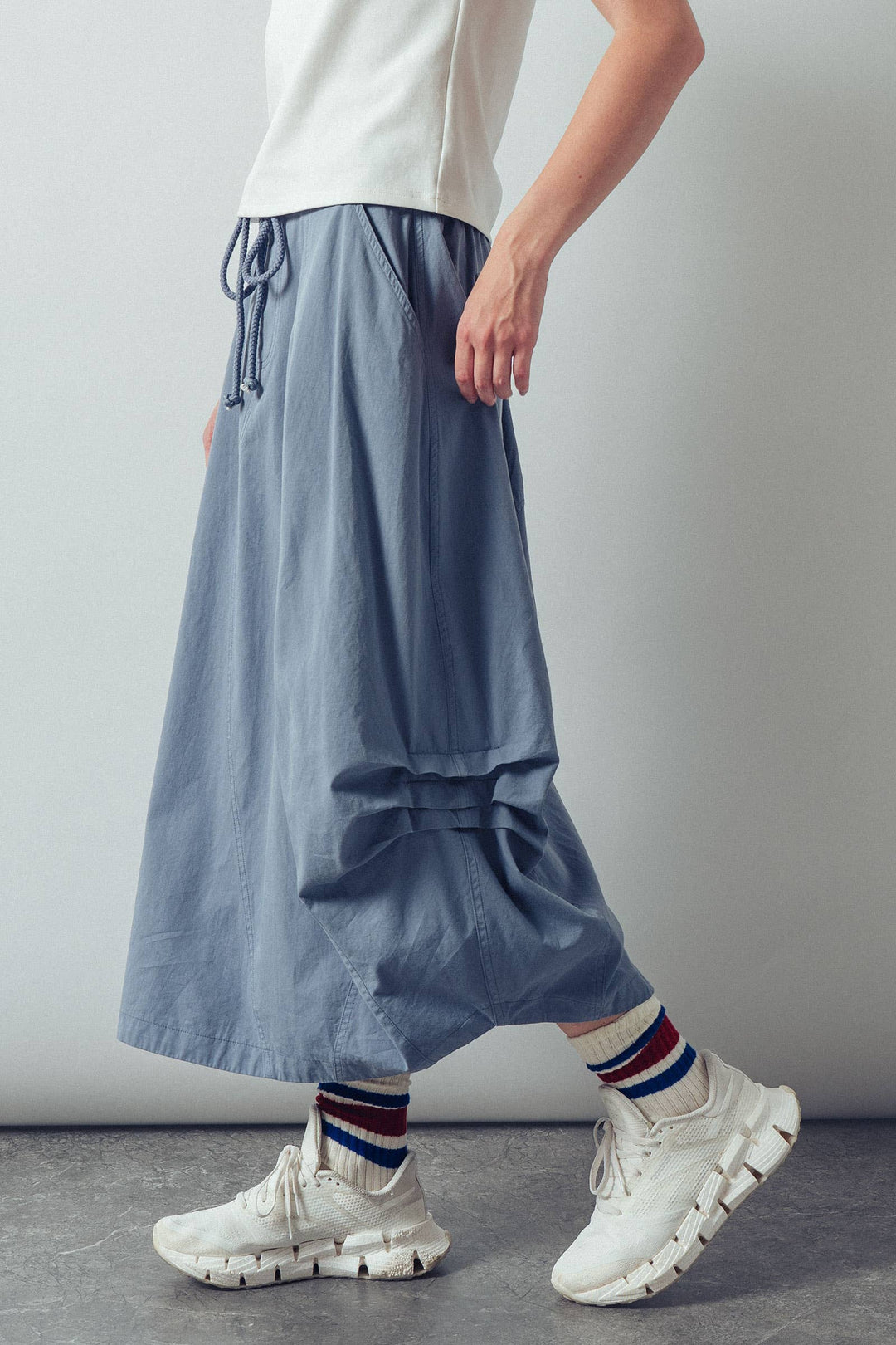 Balloon Hem Drawstring Blue Maxi Skirt