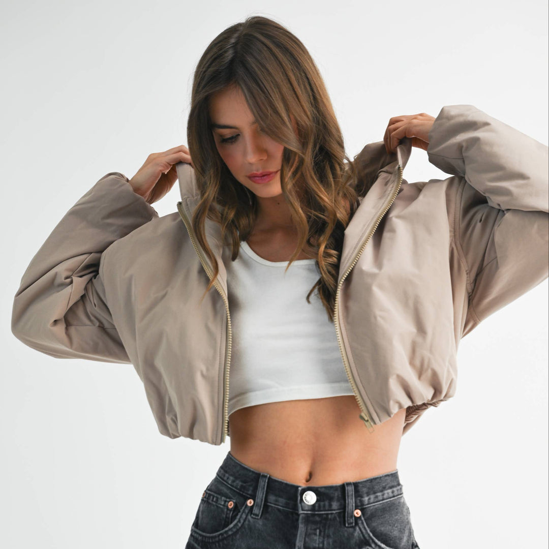Cropped Hooded Zip-Up Puffer Jacket