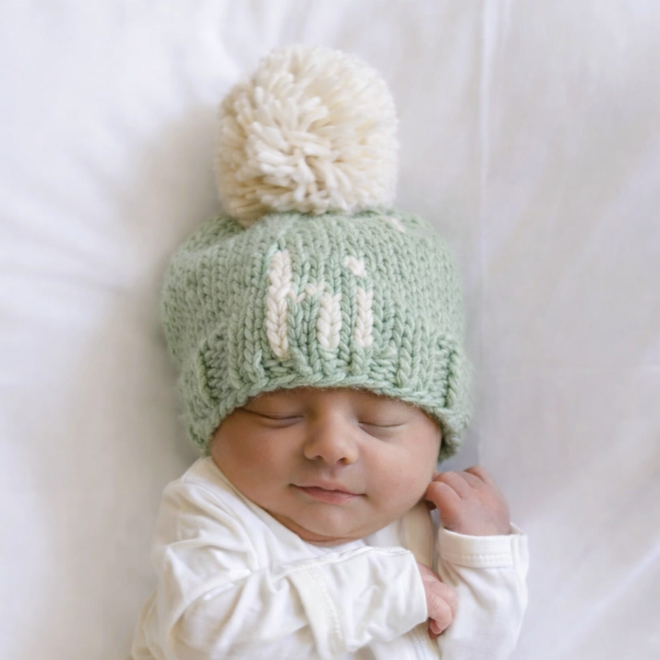 Hi. Sage Green Hand Knit Beanie Hat