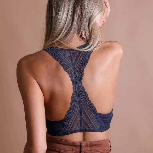 Seamless Front Lace Racerback Bralette: Blue