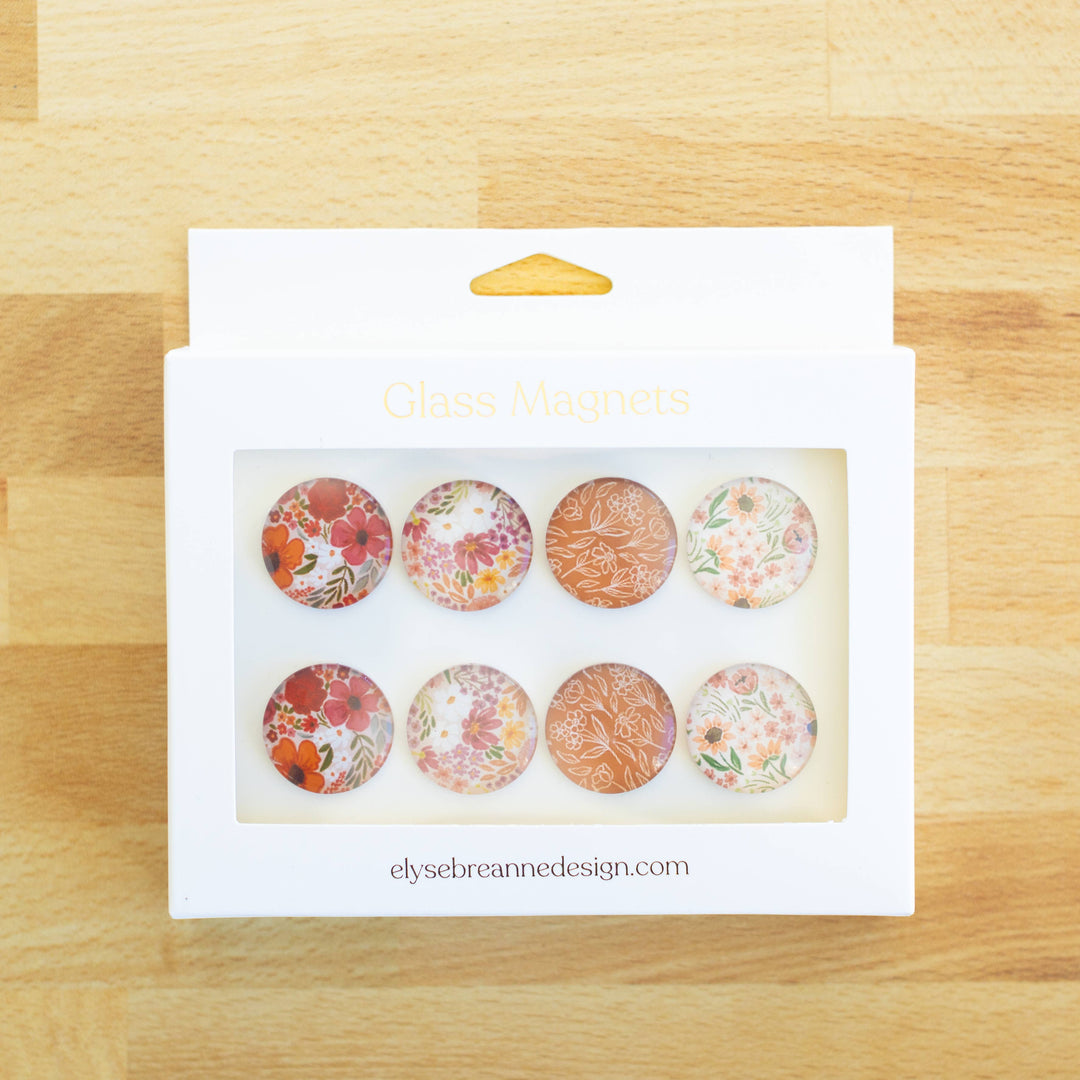 Glass Magnets, Box Set of 8 Floral Magnets