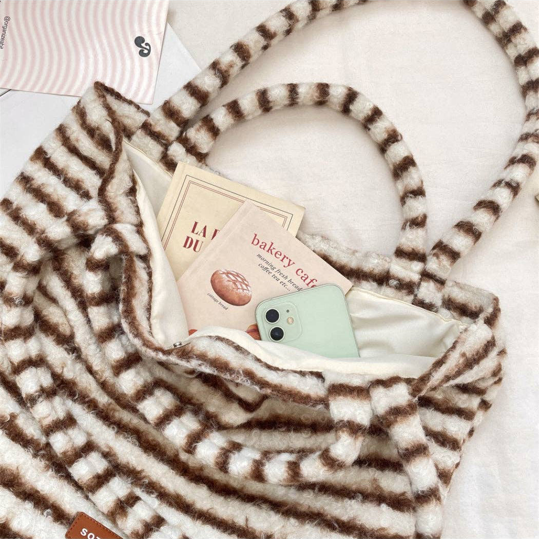 Soft Striped Fuzzy Tote Bag