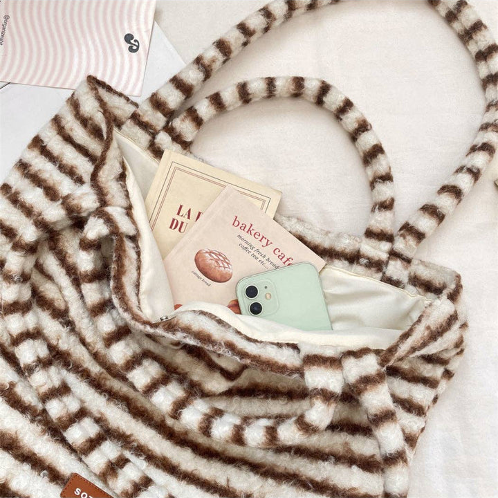 Soft Striped Fuzzy Tote Bag