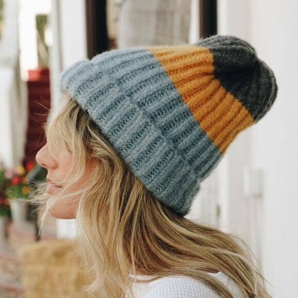Cozy Color Block Wool Beanie in Rose or Blue