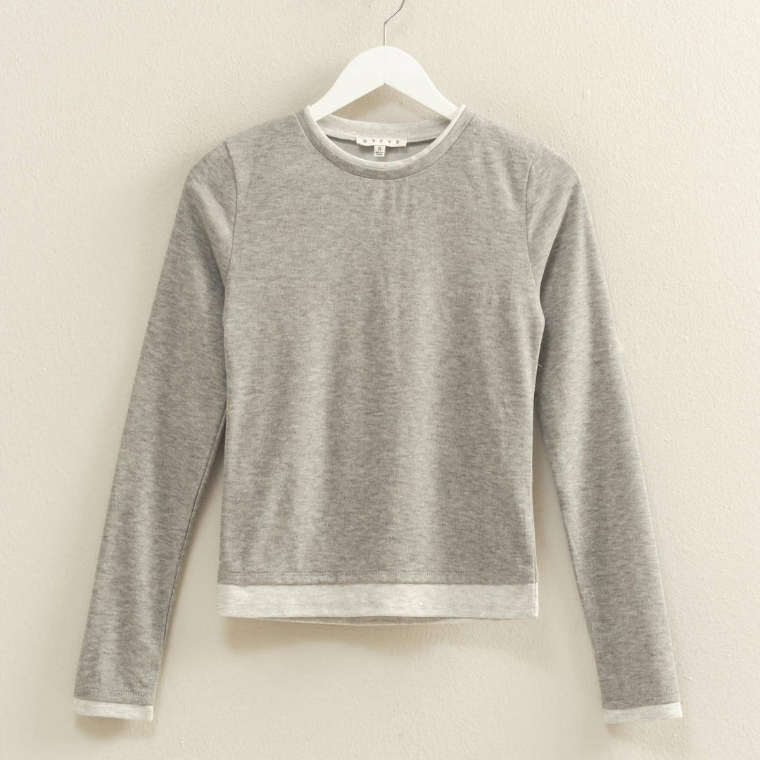 Long Sleeve Contrasting Top in Brown or Gray