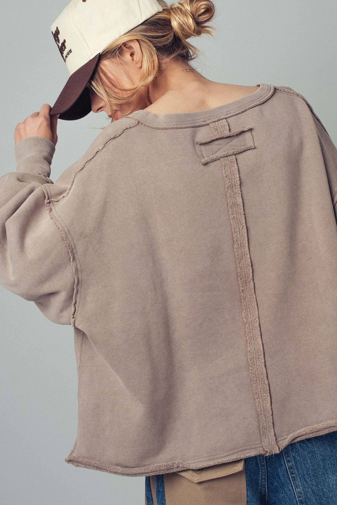 Mocha Raw Edge V-Neck Oversized Sweatshirt