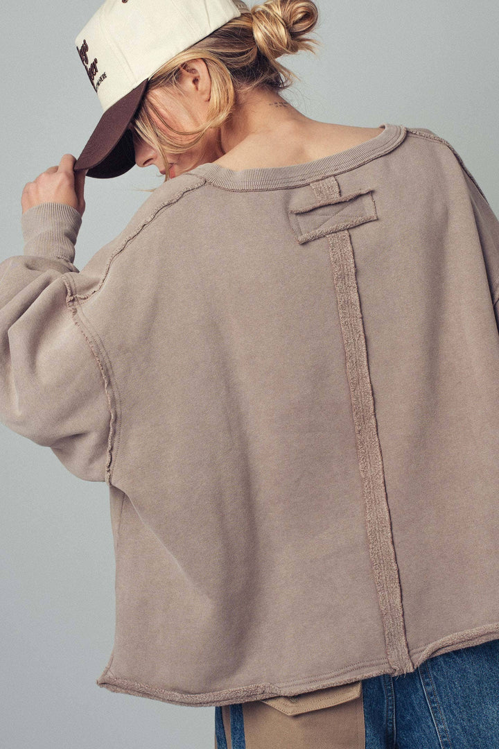 Mocha Raw Edge V-Neck Oversized Sweatshirt