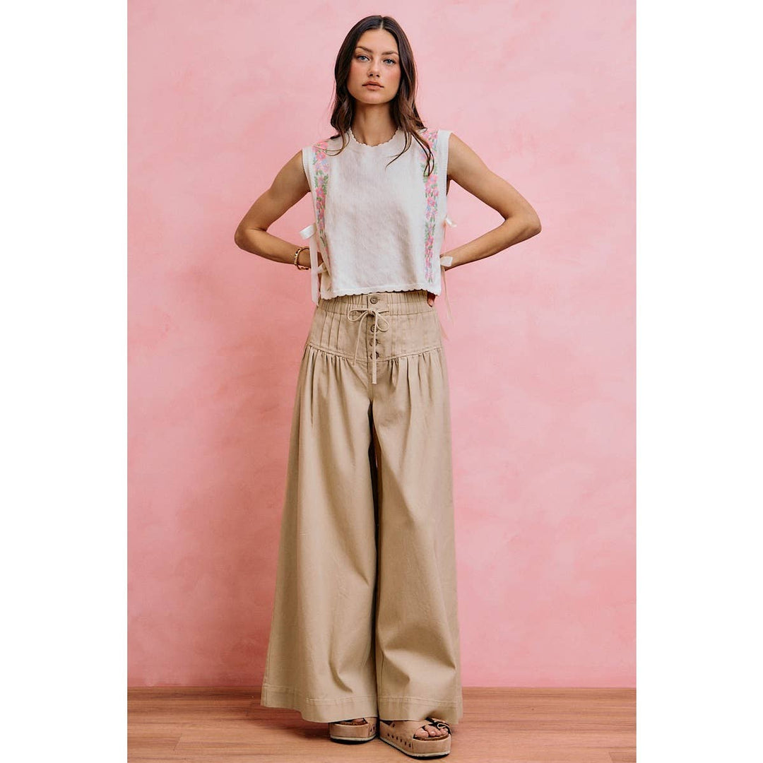Wide leg Oatmeal Denim Pants w/ Pintuck Waist