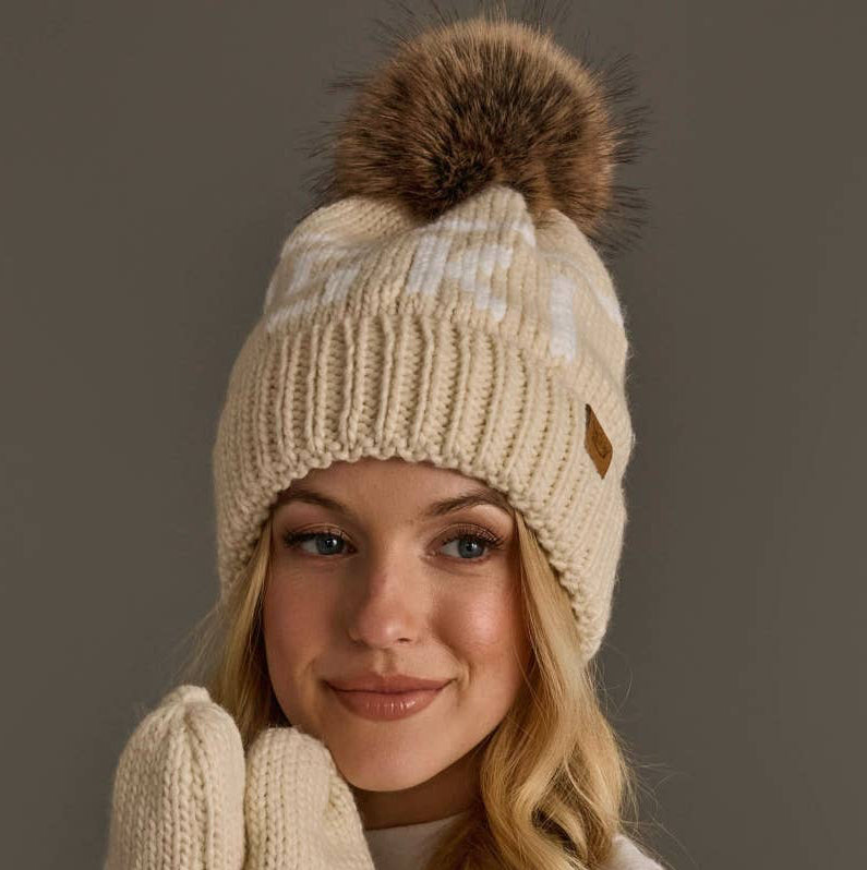 Lt. Tan & Ivory Ski Pom Hat