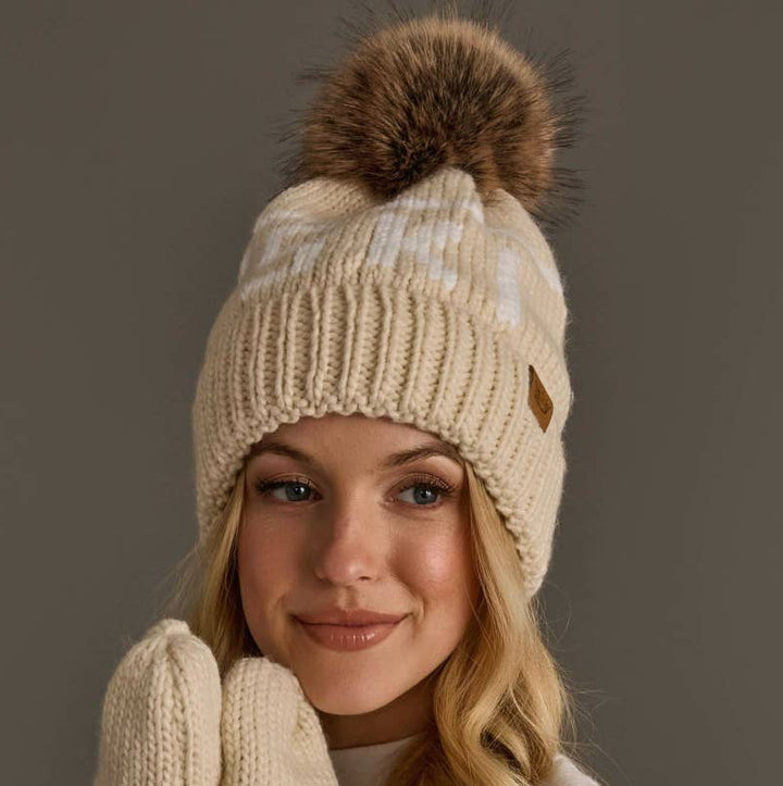 Lt. Tan & Ivory Ski Pom Hat