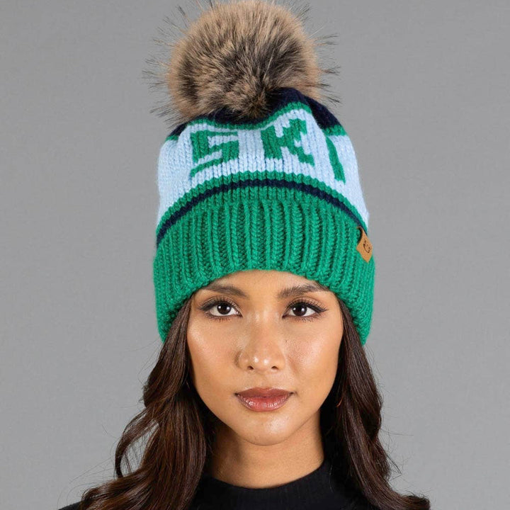 Green & Lt. Blue  Ski Pom Hat