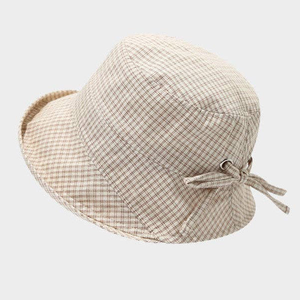 Khaki Plaid Bowknot Wide Brim Bucket Hat