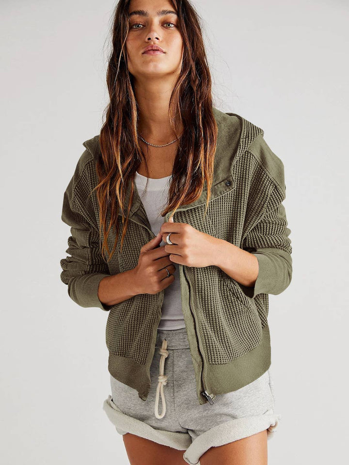 Olive Button/Zip Cropped Waffle Sweatshirt