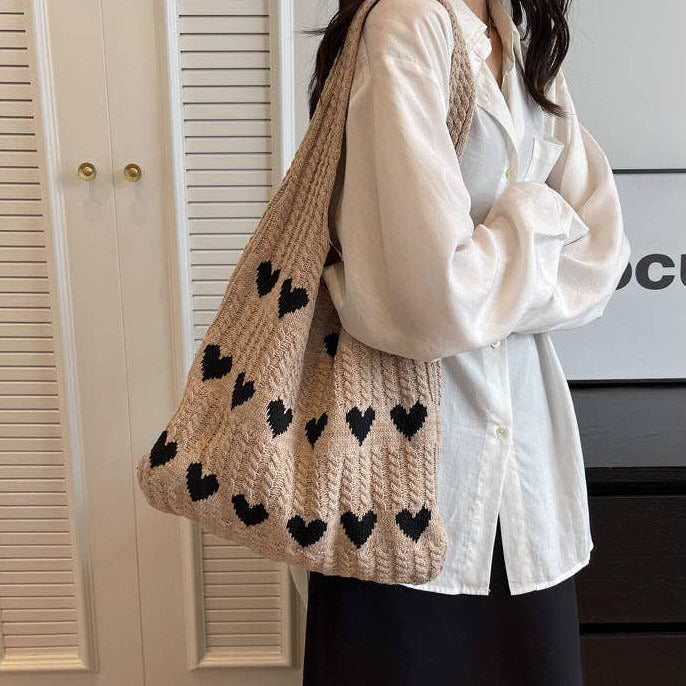 Love Print Color Block Simple Knit Shoulder Bag