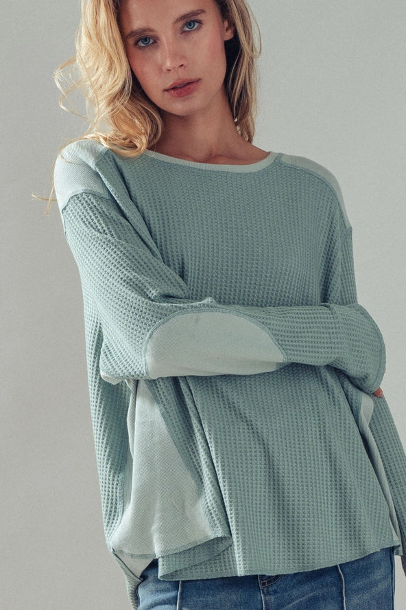 Oversized Sage Waffle Knit High-Low Tunic Top