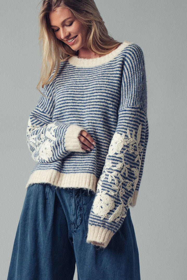 Floral Embroidered Blue Striped Knit Sweater