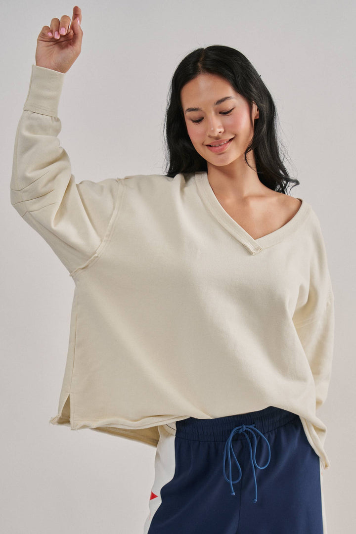 Chalk Raw Edge V-Neck Oversized Sweatshirt