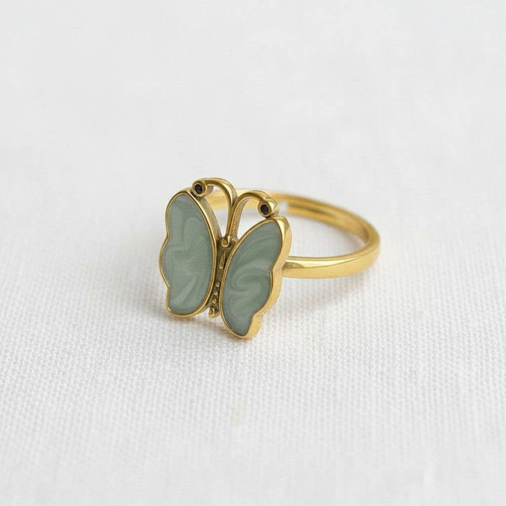 Vintage Gold Tone Butterfly Enamel Adjustable Ring