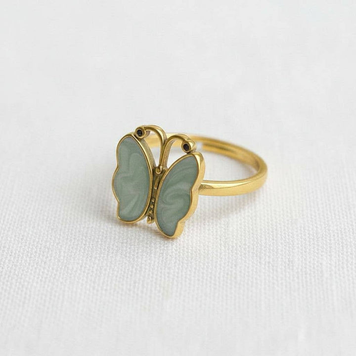 Vintage Gold Tone Butterfly Enamel Adjustable Ring