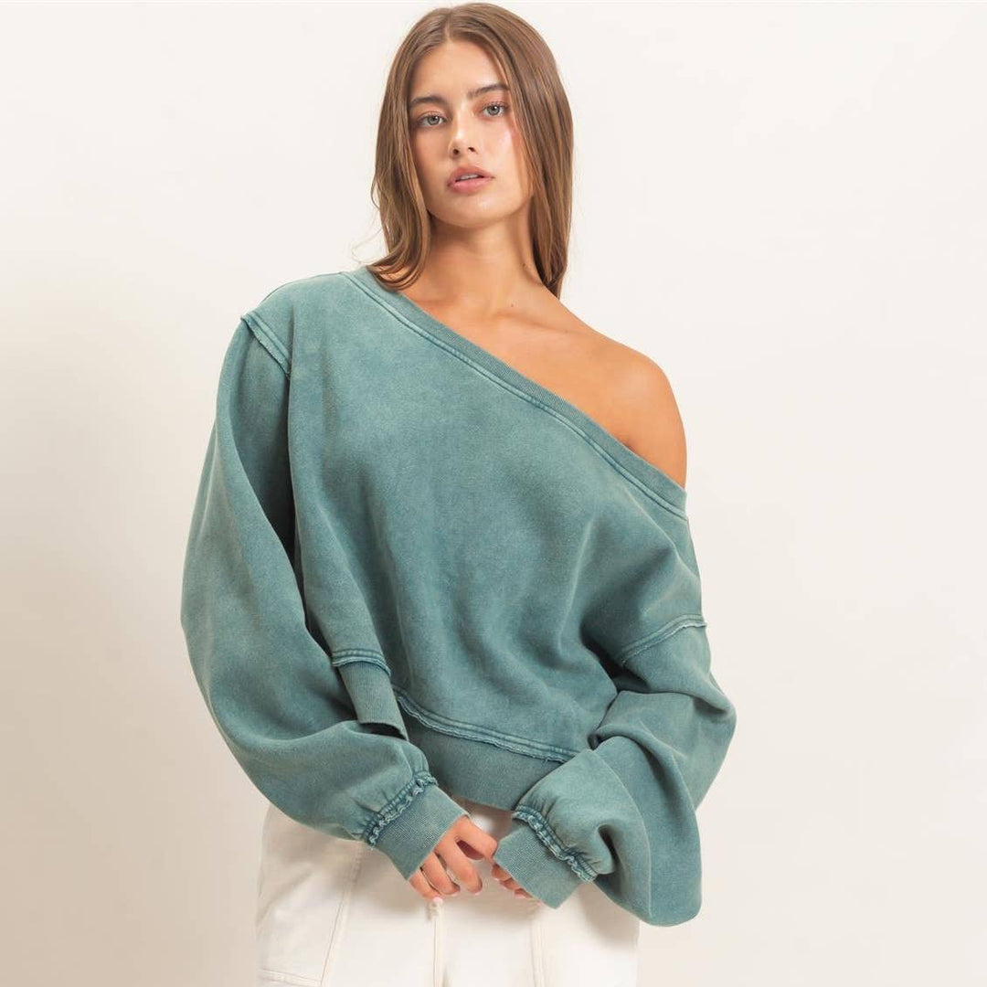 Teal Raw Edge Off The Shoulder Sweatshirt
