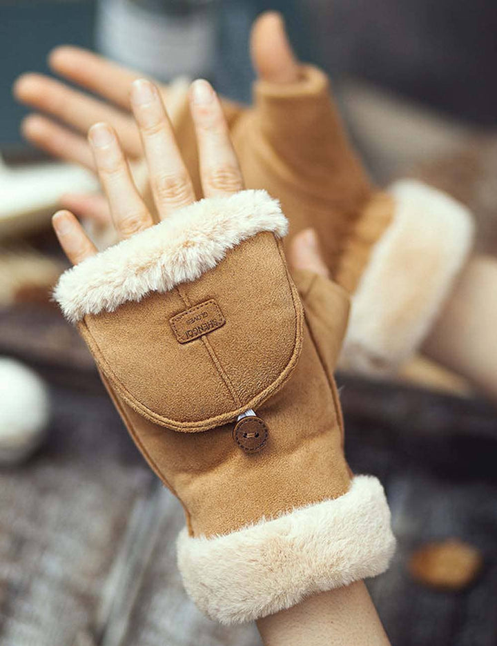 Winter Suede Convertible Thermal Fingerless Mittens  Gloves
