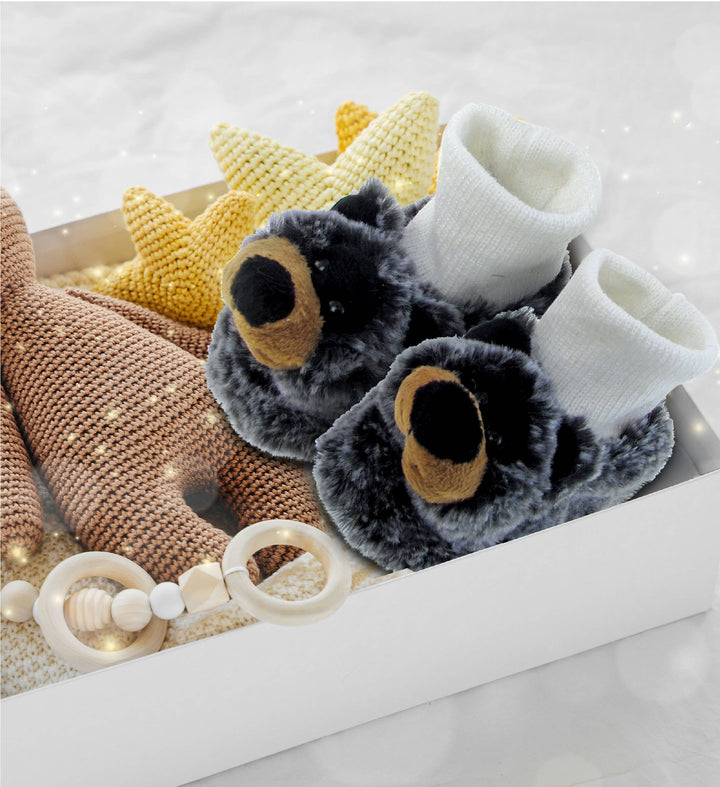 Super Soft Plush Baby Shoes - Black Bear
