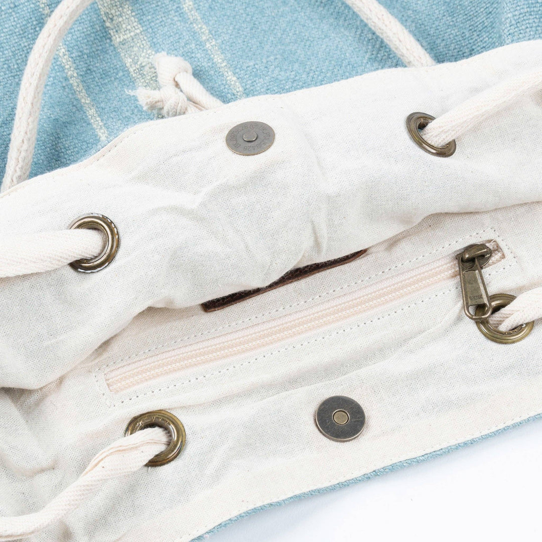 Blue Jute Adjustable Drawstring Closure Backpack Purse