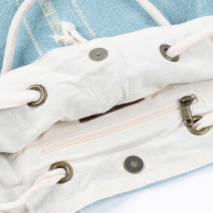 Blue Jute Adjustable Drawstring Closure Backpack Purse