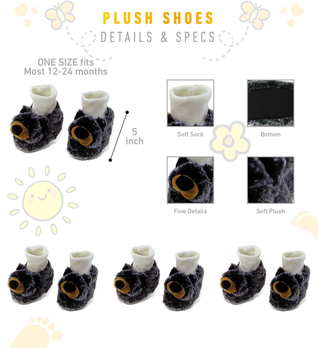 Super Soft Plush Baby Shoes - Black Bear
