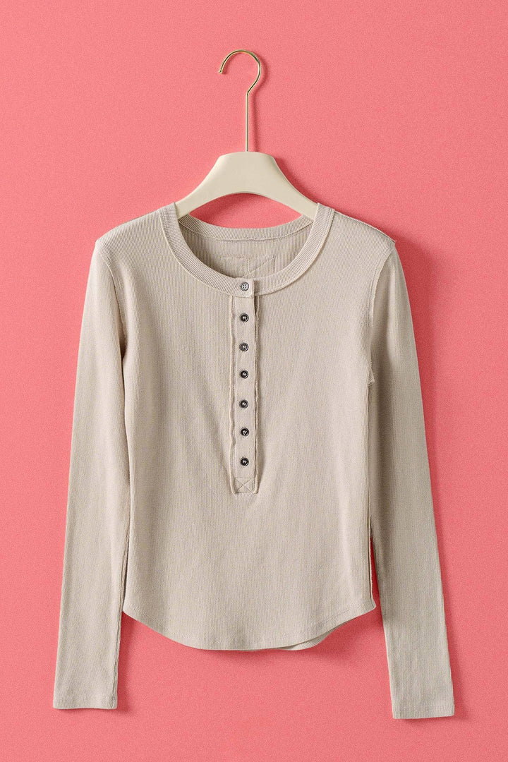 Ribbed Henley Long Sleeve Top - 3 colors
