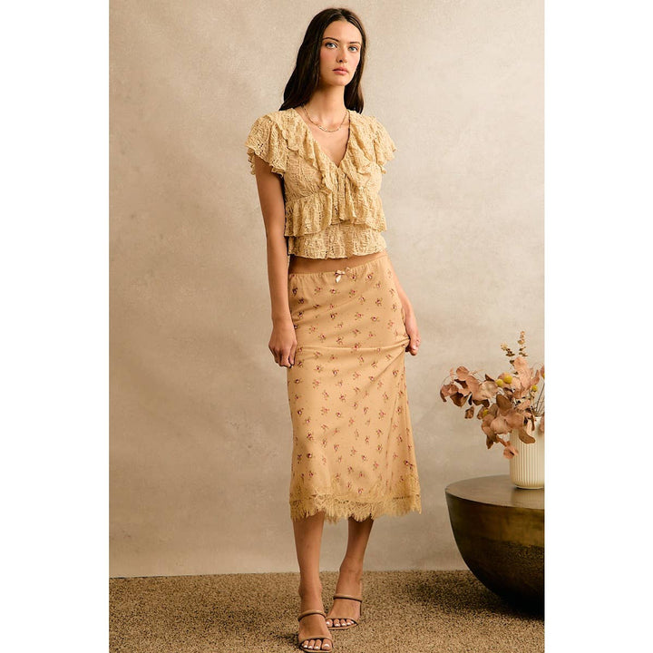 Satin Floral & Lace Trim Midi Skirt