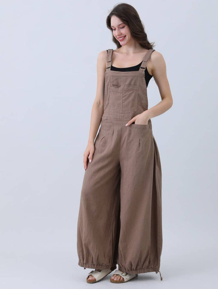 Mocha Natural Linen Overalls w/ Wide Leg Adjustable Cuffs