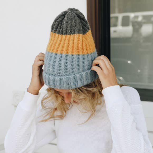 Cozy Color Block Wool Beanie in Rose or Blue