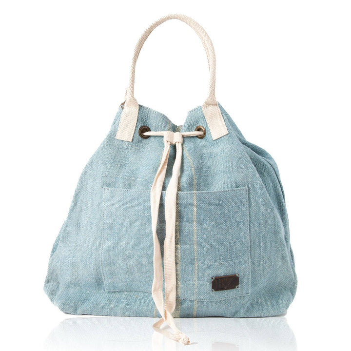Blue Jute Adjustable Drawstring Closure Backpack Purse