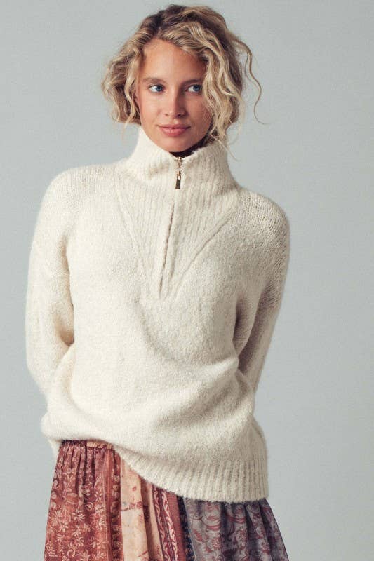 Ivory Textured Quarter-Zip Sweater