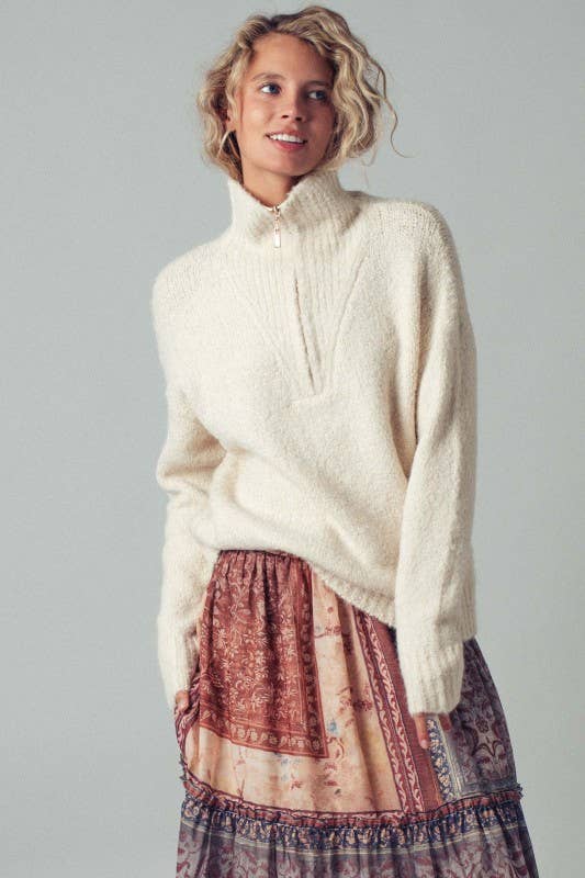 Ivory Textured Quarter-Zip Sweater