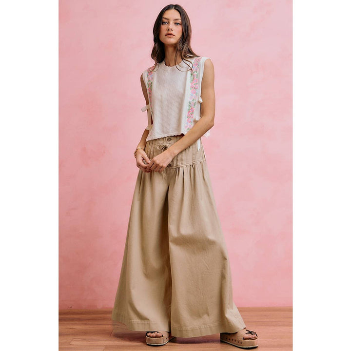 Wide leg Oatmeal Denim Pants w/ Pintuck Waist