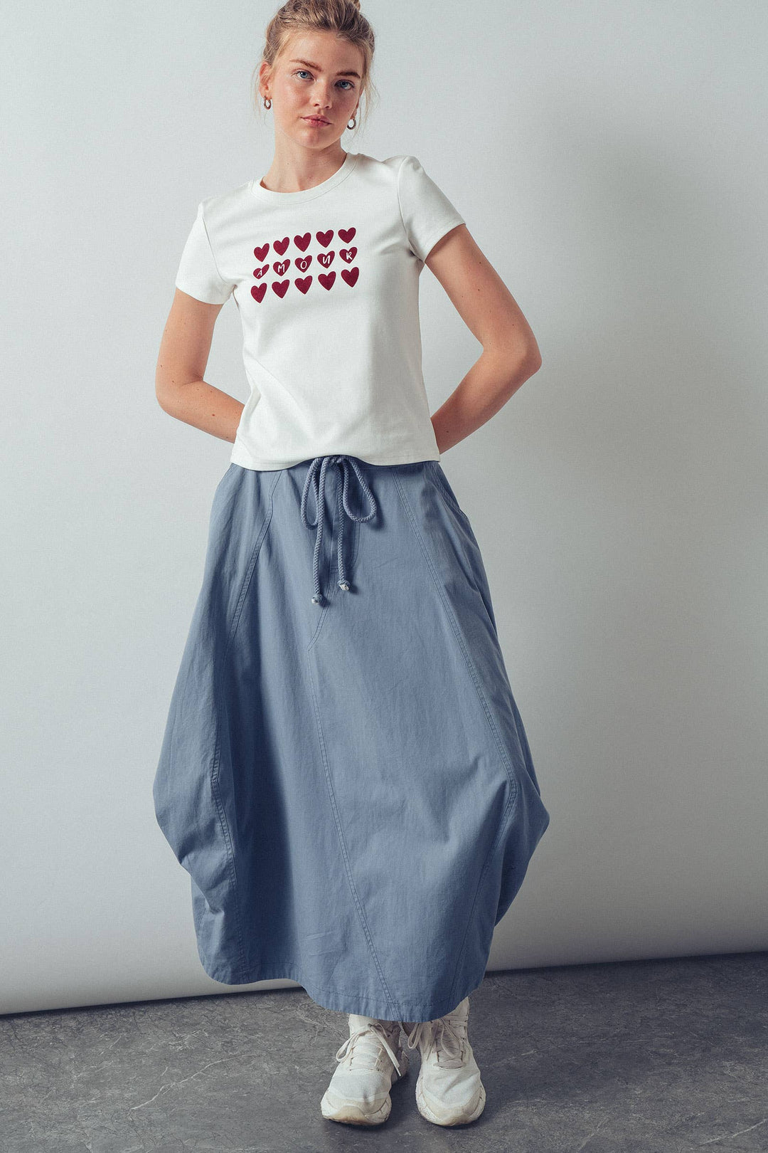 Balloon Hem Drawstring Blue Maxi Skirt